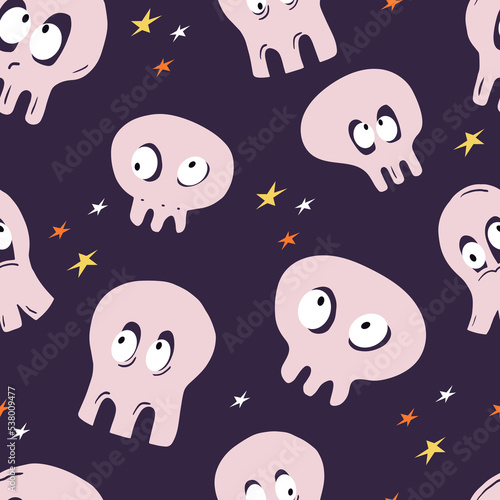 Cute Halloween pattern design with skulls and stars. Seamless repeating holiday background with funny spooks. Helloween endless texture. Kids vector print on purple background