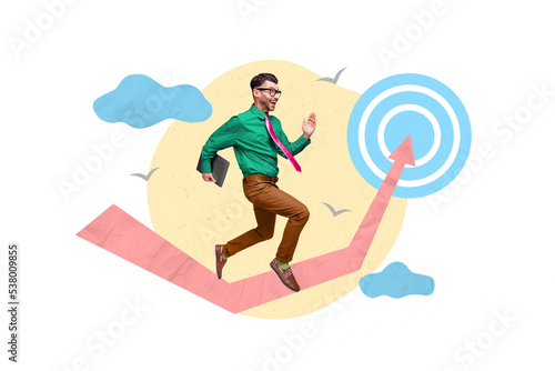 Composite collage picture of excited crazy guy hold netbook running target drawing arrow up isolated on painted clouds sky background
