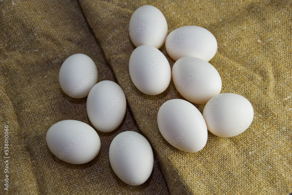 White chicken eggs close-up on a background of burlap, rustic still life. Concept and idea for homemade organic food artwork. environmentally friendly products. Farm products White chicken eggs close-up on a background of burlap, rustic still life. Concept and idea for homemade organic food artwork. environmentally friendly products. Farm products