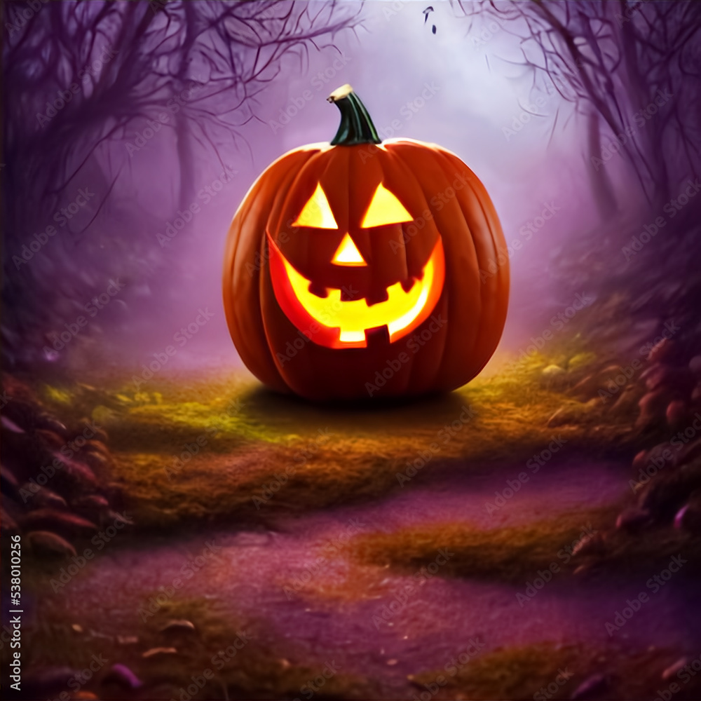Fototapeta premium Jack O Lantern in vivid forest,3d illustration