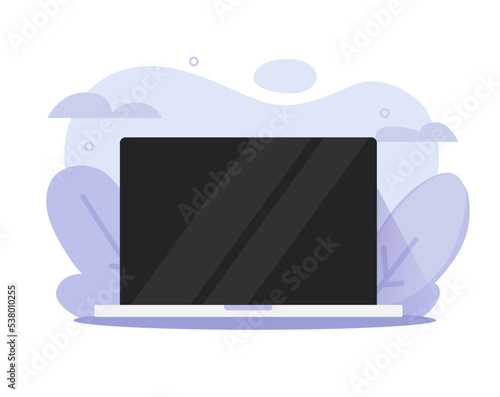 Computer screen graphic design vector or laptop notebook pc empty blank display on abstract workplace office desk cartoon illustration image