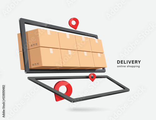 Parcel boxes are stacked and crammed in laptop computer screen