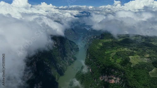 Cloud level overlook of the Cañón del Sumidero a deep natural canyon in Chiapas, Mexico - Aerial view photo