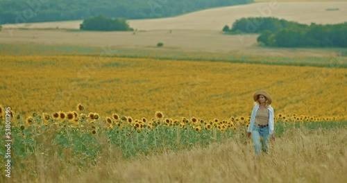 Wallpaper Mural Cute girl in a hat walks along the field and dreams. Endless fields of sunflowers, harvest fields. Happy life, agribusiness. 4k, ProRes Torontodigital.ca
