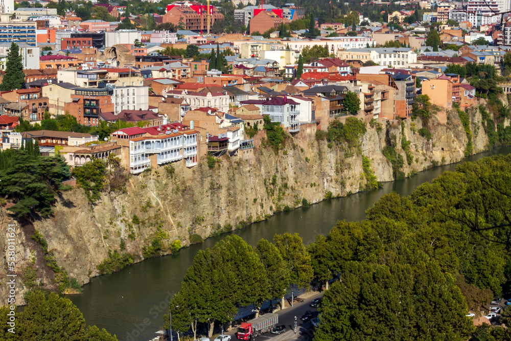 View of the Kura River coas from above. Georgia. Tbilisi. Urban landscape