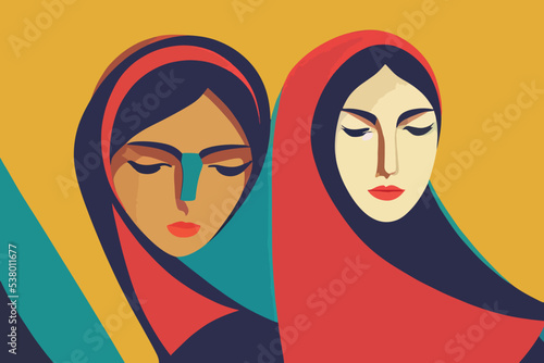 Protest in Iran. Two Iranian women wearing hijab and sheyle with eyes closed
