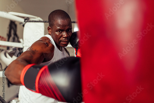 Boxer striking a red punching bag with a gloved fist photo