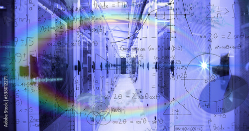 Image of mathematical equations and data processing over rainbow lens flare against server room