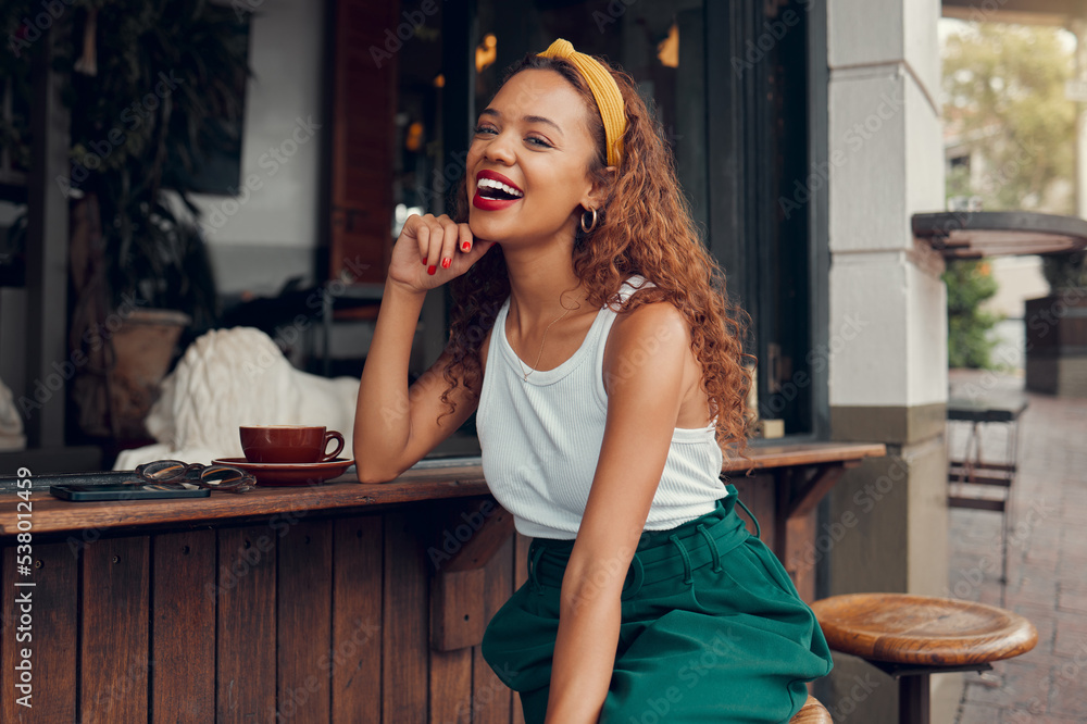 Coffee shop, cafe and black woman in portrait happy with service experience, small business success or youth urban city lifestyle. Smile of young customer in restaurant with espresso or latte drink