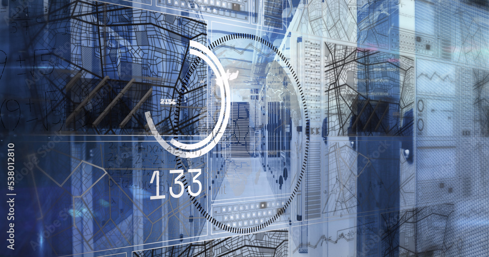 Obraz premium Image of mathematical equations and data processing over spinning globe against server room
