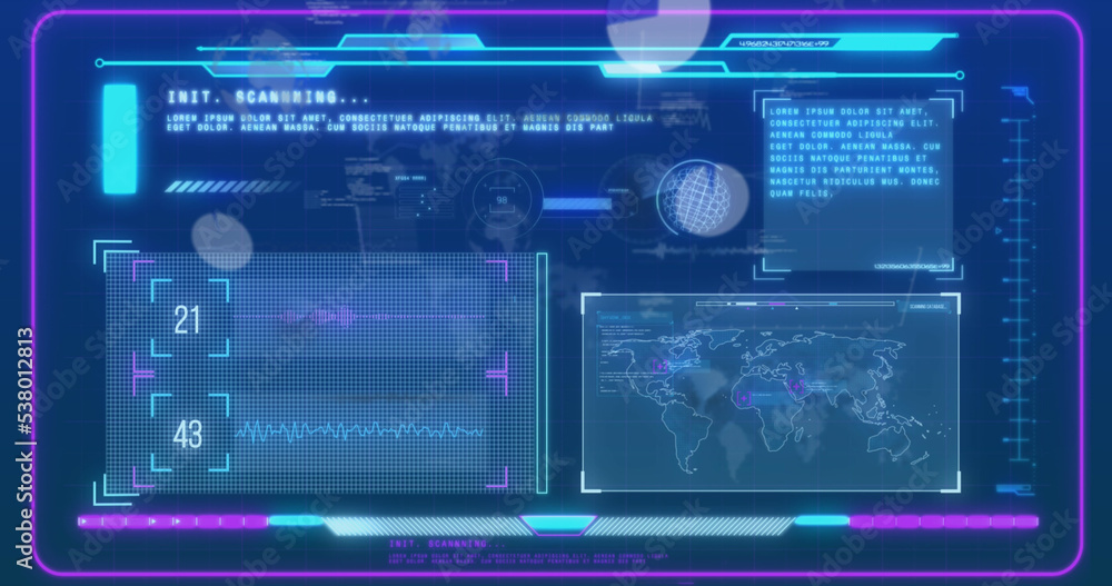 Image of digital interface and data processing over blue background Image of digital interface and data processing over blue background