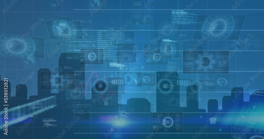 Image of digital interface and data processing on screens over blue background Image of digital interface and data processing on screens over blue background