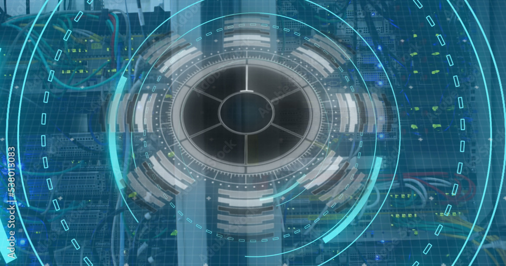Image of scope scanning with 5g text and data processing over server room Image of scope scanning with 5g text and data processing over server room