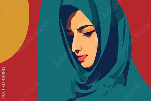 Protest in Iran. Iranian woman wearing a hijab with her eyes closed
