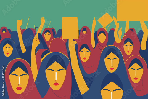 A woman protesting in Iran. A crowd of rioting Iranian women dressed in hijab.
