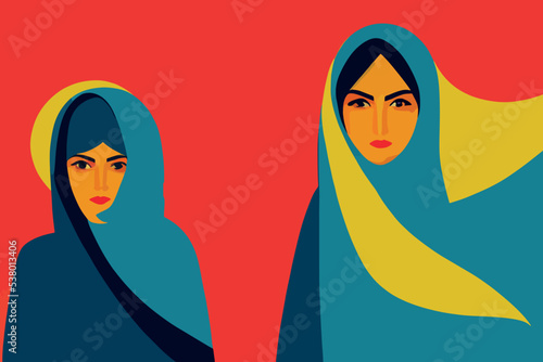 Image of two rioting Iranian women wearing hijab.
