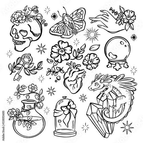 LOVE MAGIC SET Alchemic Monochrome Elements Halloween Astrology Esoteric Occult Witchcraft Sketch Doodle Hand Drawn Magical Object Symbols For Design Creatives