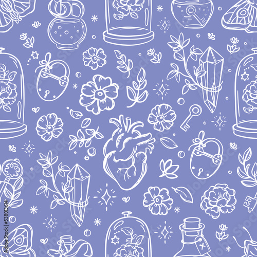 LOVE MAGIC Alchemic Marriage Potion Elements White On Blue Astrology Esoteric Occult Witchcraft Sketch Seamless Pattern Doodle Hand Drawn Magical Object Symbols