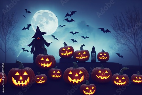 halloween lanterns pumpkin scary face with orange light on dark ground and blue moonlit night  3D rendering  raster illustration.