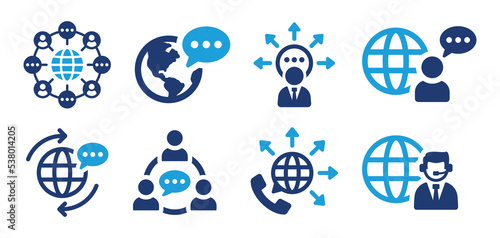Global communication icon set. Communicate worldwide with people concept. International network with talking person symbol. Vector illustration.
