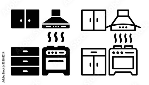 Kitchen icon outline and solid design with oven, cooker Hood Extractor and cabinet symbol. Vector illustration.