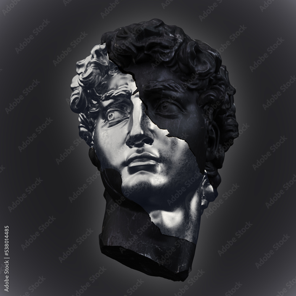 Abstract illustration from 3D rendering of a silver and black marble head of male classical sculpture broken in three pieces and isolated on dark background.