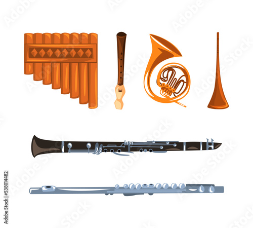 Wind Musical Instruments with Trumpet and Flute Vector Set