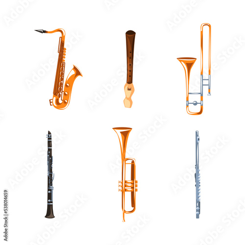 Wind Musical Instruments with Tenor Saxophone, Trombone, Trumpet, Clarinet and Flute Vector Set