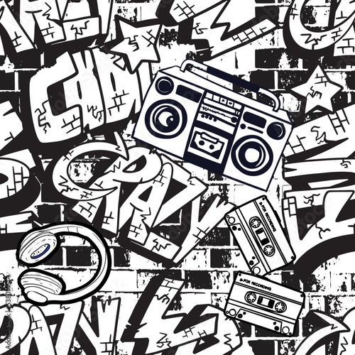 Abstract  graffiti pattern. With bricks, paint drips, words in graffiti style. Graphic urban design for textiles, sportswear, prints.
