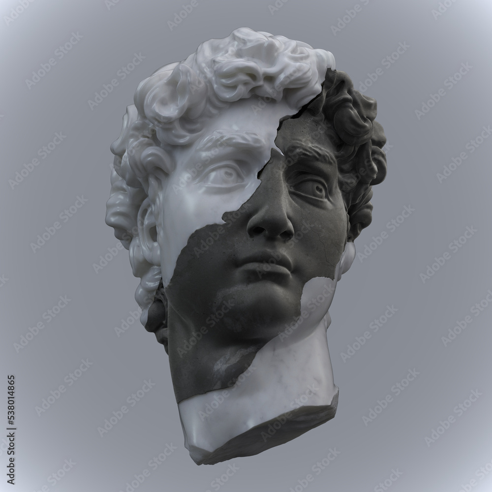 Abstract illustration from 3D rendering of a black and white marble head of male classical sculpture broken in three pieces and isolated on gray background. Abstract illustration from 3D rendering of a black and white marble head of male classical sculpture broken in three pieces and isolated on gray background.