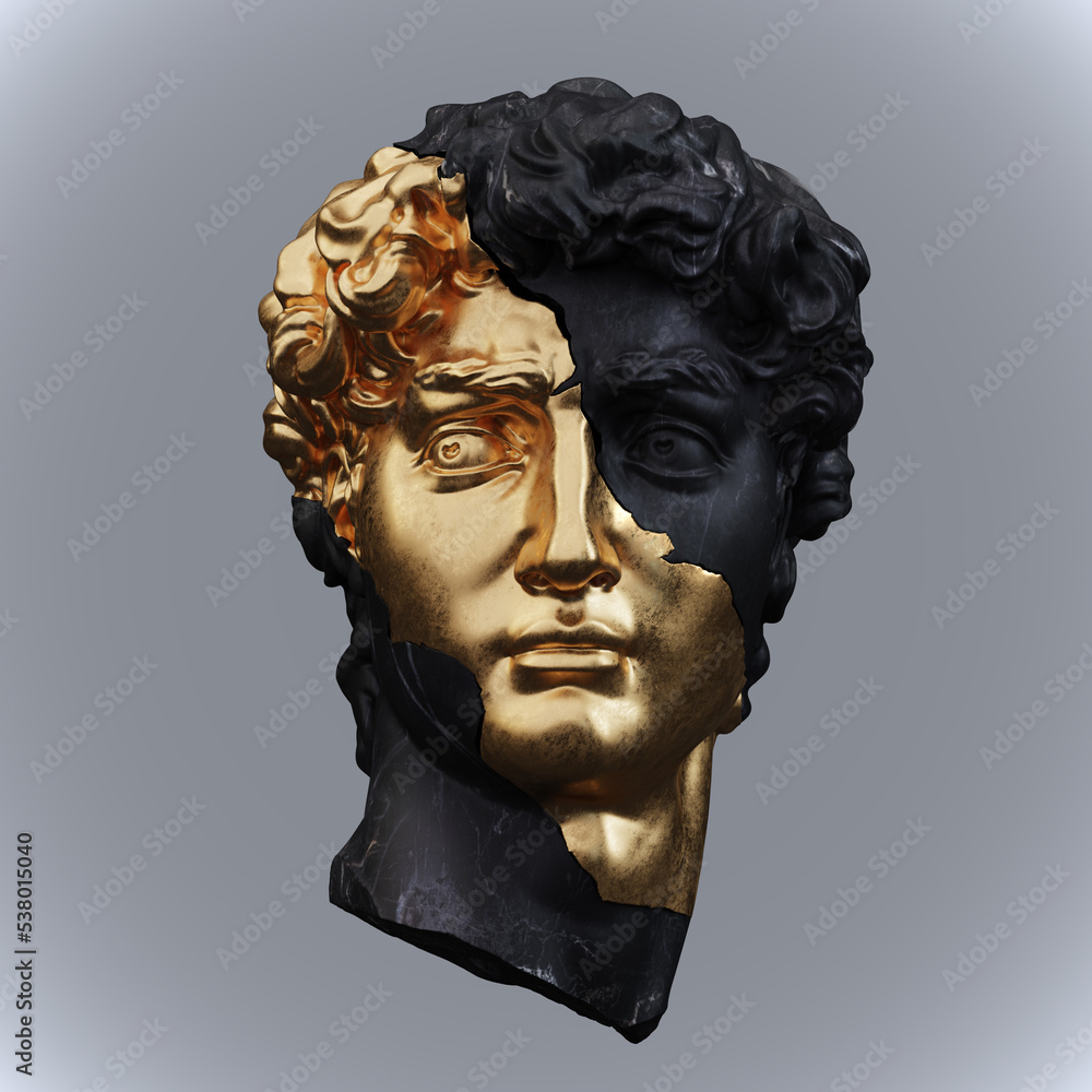 Abstract illustration from 3D rendering of a gold and black marble head of male classical sculpture broken in three pieces and isolated on gray background.