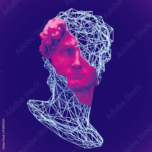 Abstract illustration from 3D rendering of a broken head fragment made of white marble of a classical male sculpture and pink wireframe bust isolated on grey background in colorful vaporwave style.