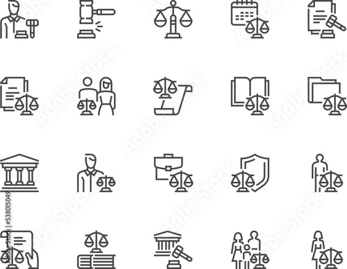 Judicial System. Law and Justice. Court Sitting, Legal Services. Vector Line Icons Set. Editable Stroke. 48x48 Pixel Perfect.