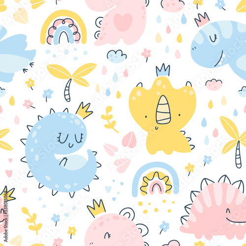 Dino princess seamless pattern. Girls dinosaurs with crowns in the jungle with a rainbow. Childish hand-drawn Scandinavian style. Vector texture for baby clothes, packaging, wallpapers, textiles