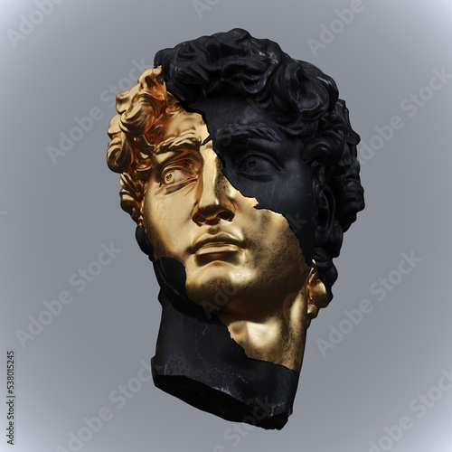 Abstract illustration from 3D rendering of a gold and black marble head of male classical sculpture broken in three pieces and isolated on gray background. photo