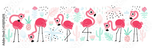 Flamingo set. Summer tropical vector. Cute pink birds in the jungle. Simple childish hand-drawn Scandinavian cartoon style. The limited palette is ideal for printing baby textiles.
