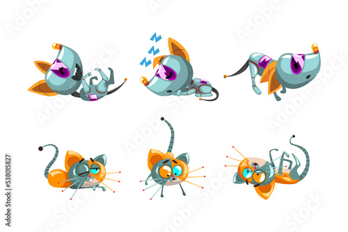 Cute Robotic Cat and Dog with Metal Tail and Paws in Different Pose Vector Set