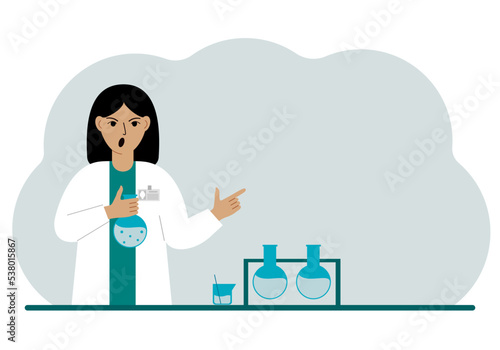 Female scientist with flasks. Experimental scientist, laboratory assistant, biochemistry, chemical, scientific research. © Sunny_baby