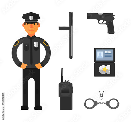 Policeman Character with Police Equipment Like Truncheon, Pistol, Identification Document and Handcuffs Vector Set