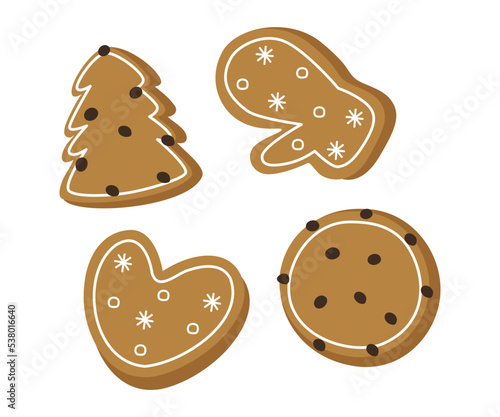 Ginger cookies with icing, festive pastries for Christmas. Cute and cozy vector illustration isolated on a white background. For a holiday card, banner, menu, flyer