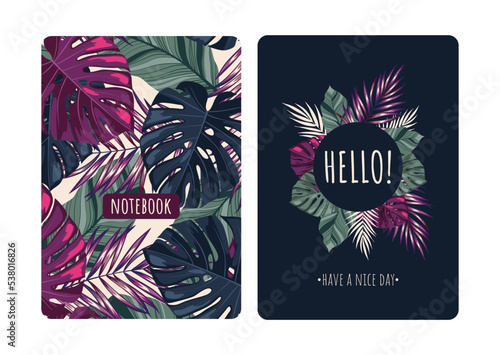 Cover design with tropical pattern. Hand drawn plants. Modern artistic background with herbs. Invitation, greeting card, cover book, notebook. Size A4. Vector illustration