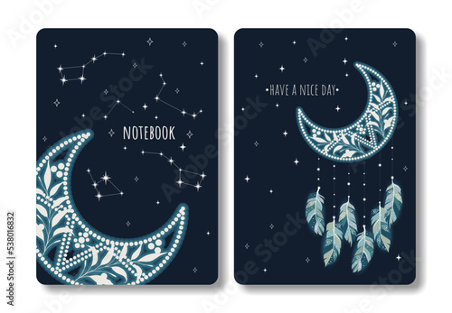 Cover design with magic pattern. Hand drawn crescent. Blue artistic background with constellations. Invitation, greeting card, cover book, notebook. Size A4. Vector illustration