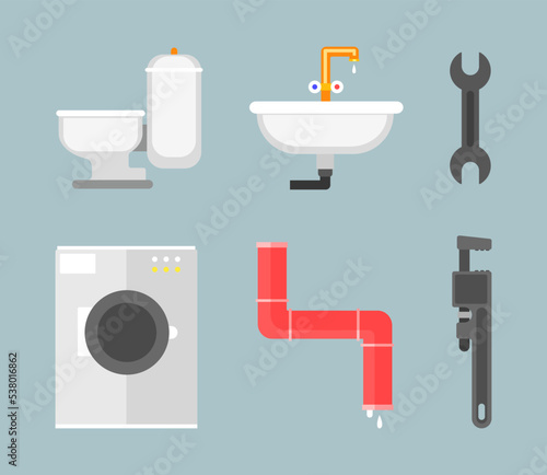 Sanitary Ware and Piping and Plumbing Fittings with Tube Joint Vector Set