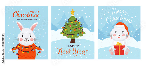Christmas and New Year vertical set postcards with gray bunny. Greeting cards with winter landscape, forest, snow. New Year Tree is wrapped in a garland with multicolor lights.