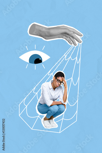 Creative abstract template graphics image of arm catching net stressed depressed lady guy isolated drawing background photo