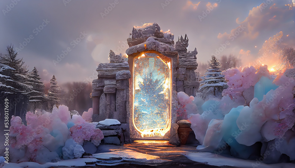 Obraz premium Magical portal on winter landscape, fairy tale background with ice crystal door, mirror or gate with fantasy castle, snowy landscape with glowing entrance on rock under cloudy gray sky 3d illustration