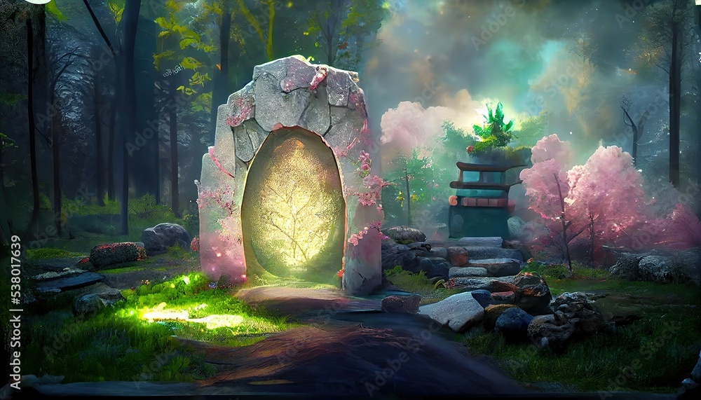 Magical portal in the forest on top of a stone, mysterious landscape ...