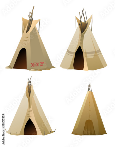 Indians wigwam hut made of felt and skins. Set of objects. North American tribal dwelling. Traditional home of nomadic peoples. Isolated on white background Vector.