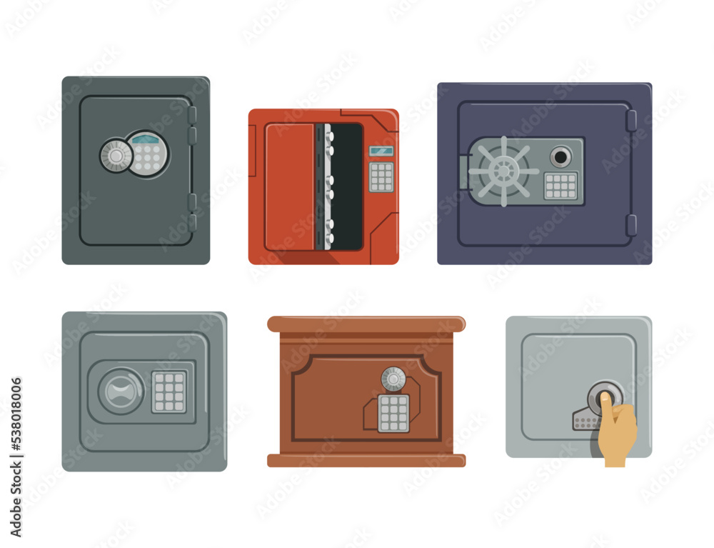 Steel and Metal Safe or Strongbox as Secure Lockable Box for Saving Valuable Object Vector Set Steel and Metal Safe or Strongbox as Secure Lockable Box for Saving Valuable Object Vector Set