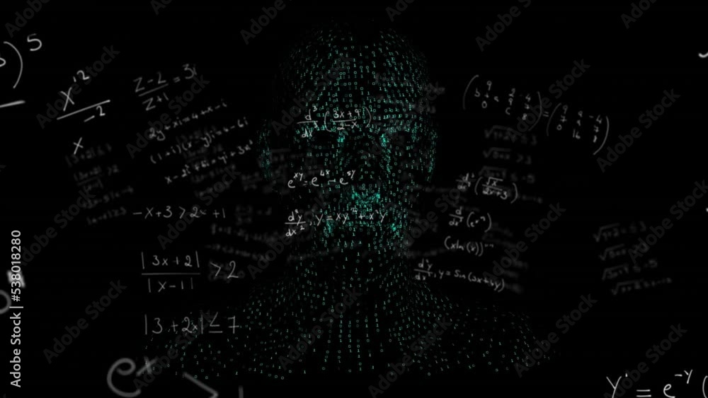 Animation of human digital head spinning with mathematical equations on black background Animation of human digital head spinning with mathematical equations on black background